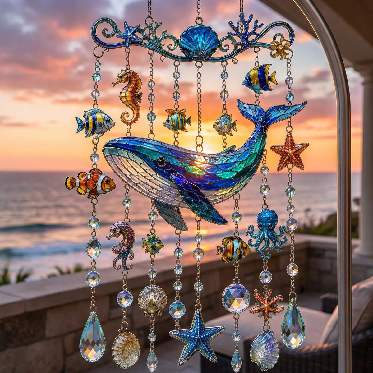 🐬🐢Ocean-Themed Crystal Wind Chime – 🌊Bring the Ocean Glow to Your Garden