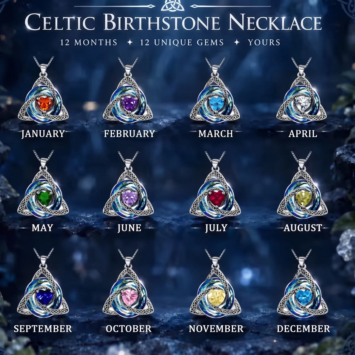 Celtic Trinity Knot Birthstone Necklace for Women