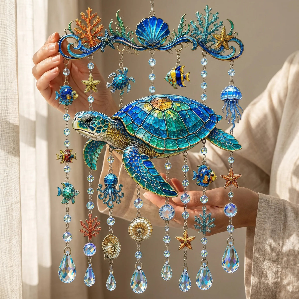 🐬🐢Ocean-Themed Crystal Wind Chime – 🌊Bring the Ocean Glow to Your Garden