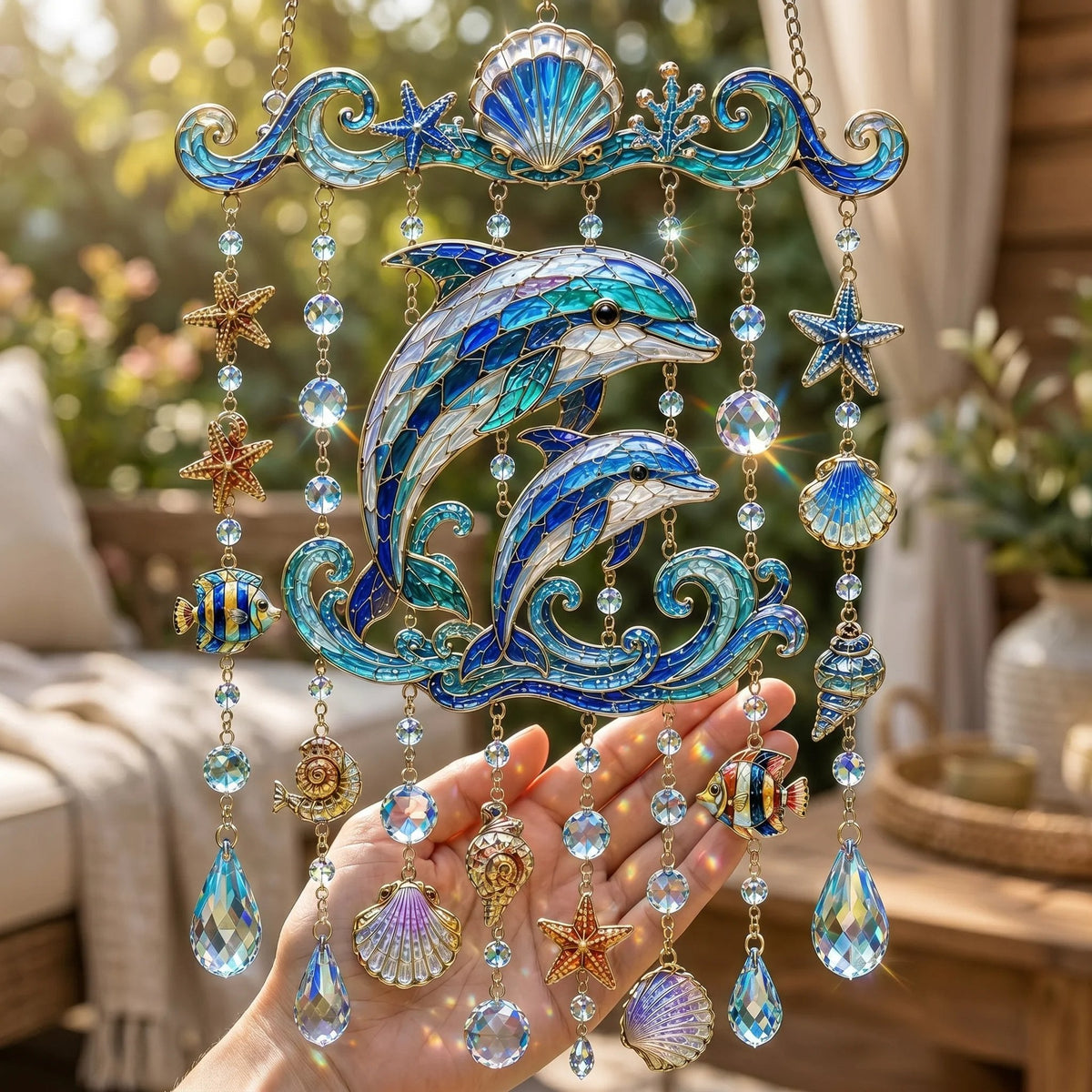 🐬🐢Ocean-Themed Crystal Wind Chime – 🌊Bring the Ocean Glow to Your Garden
