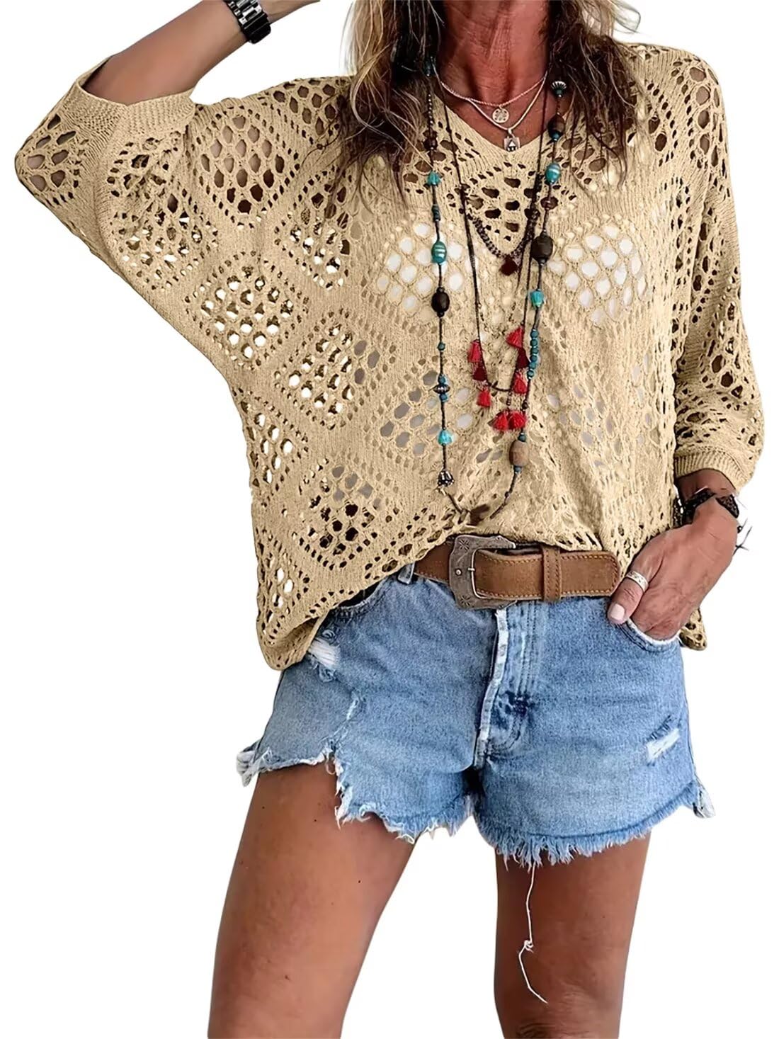 ⏰Last day sale 49% OFF🔥Hot Sale-Womens Bohemian-Inspired Beige Crochet Top with V-Neck