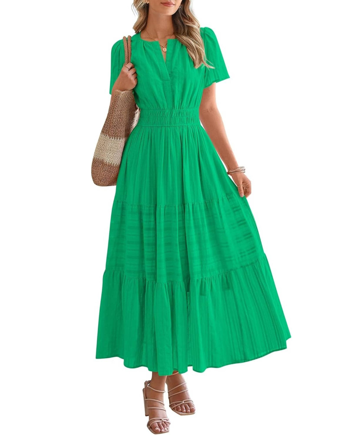 ⏰Hot Sale 50% OFF🎉Women's Lightweight Short Sleeve V Neck Elastic Waist Dress