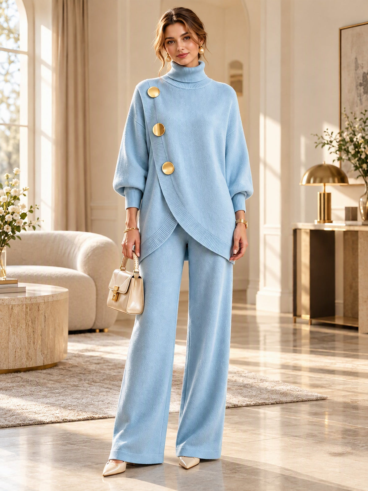 ✨ Women's Elegant Turtleneck Sweater & Wide-Leg Pants Set