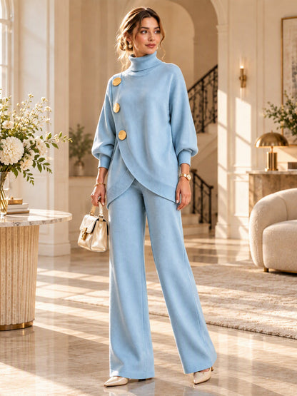 ✨ Women's Elegant Turtleneck Sweater & Wide-Leg Pants Set