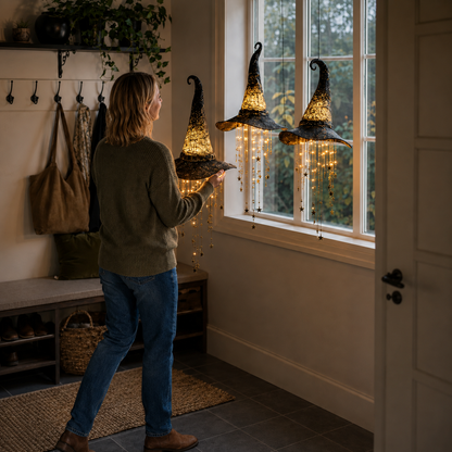 Lighted Witch Hat Hanging Chime – Warm LED Halloween Décor