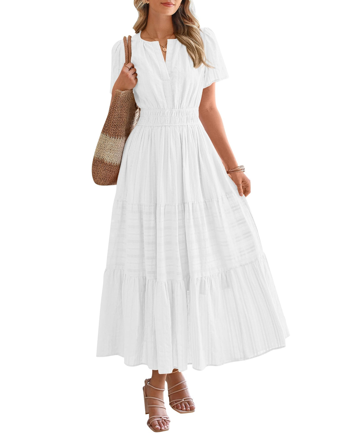 ⏰Hot Sale 50% OFF🎉Women's Lightweight Short Sleeve V Neck Elastic Waist Dress
