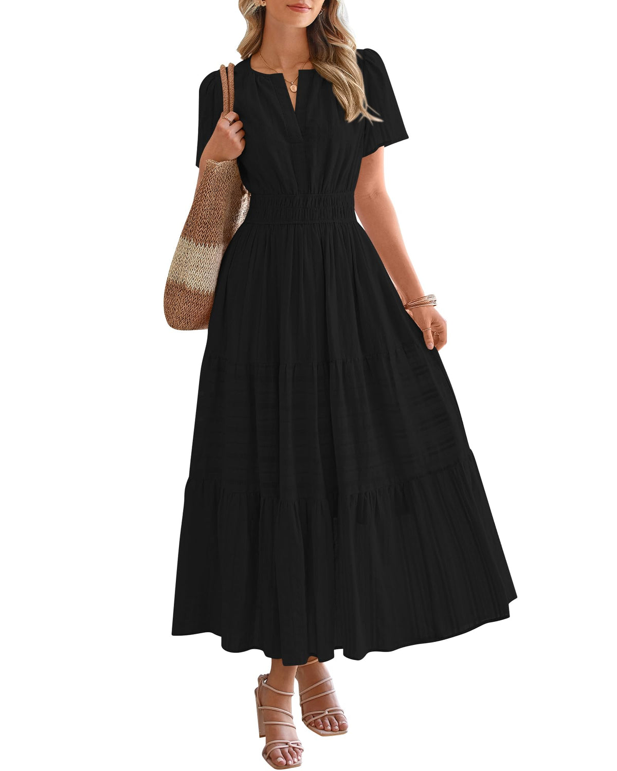 ⏰Hot Sale 50% OFF🎉Women's Lightweight Short Sleeve V Neck Elastic Waist Dress