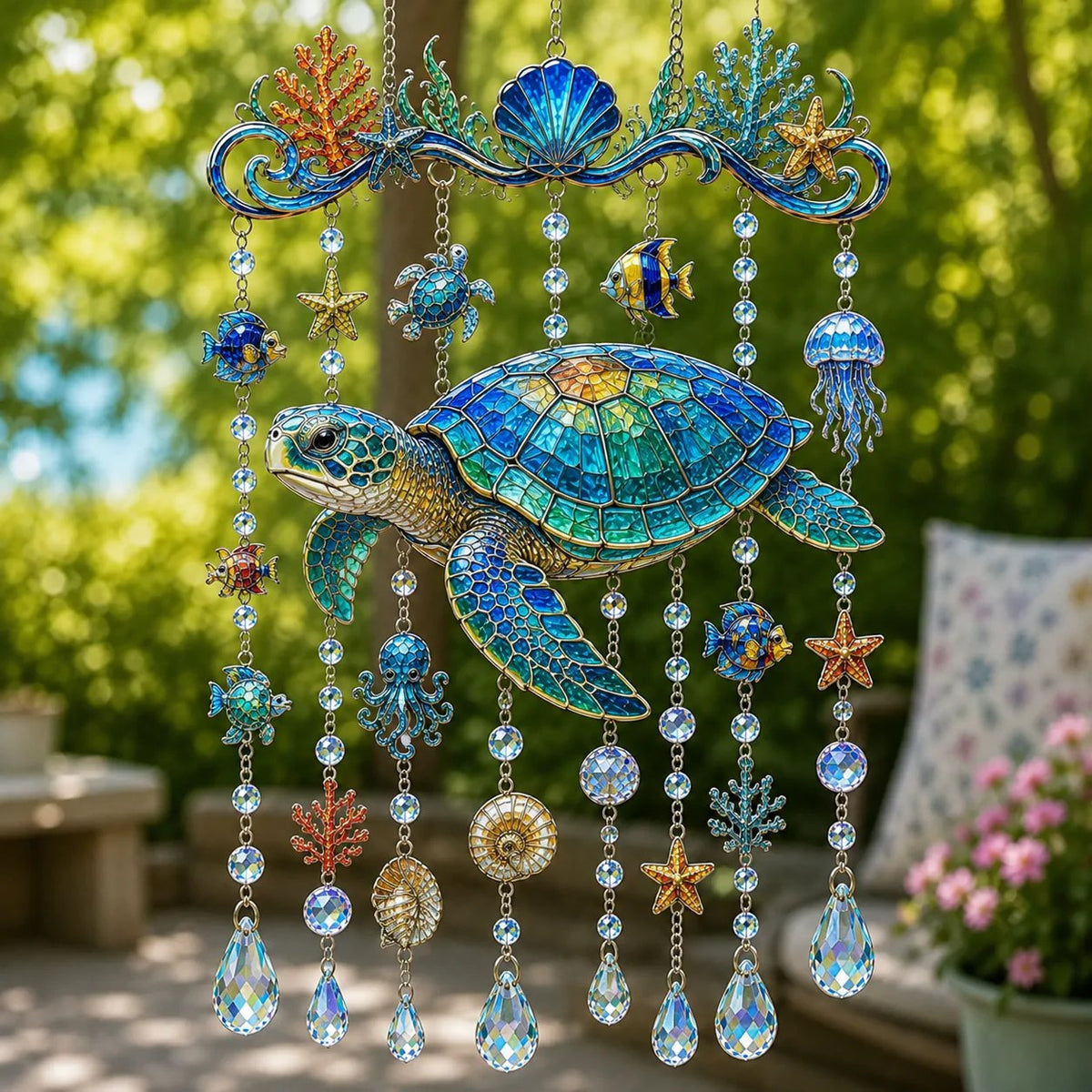 🐬🐢Ocean-Themed Crystal Wind Chime – 🌊Bring the Ocean Glow to Your Garden