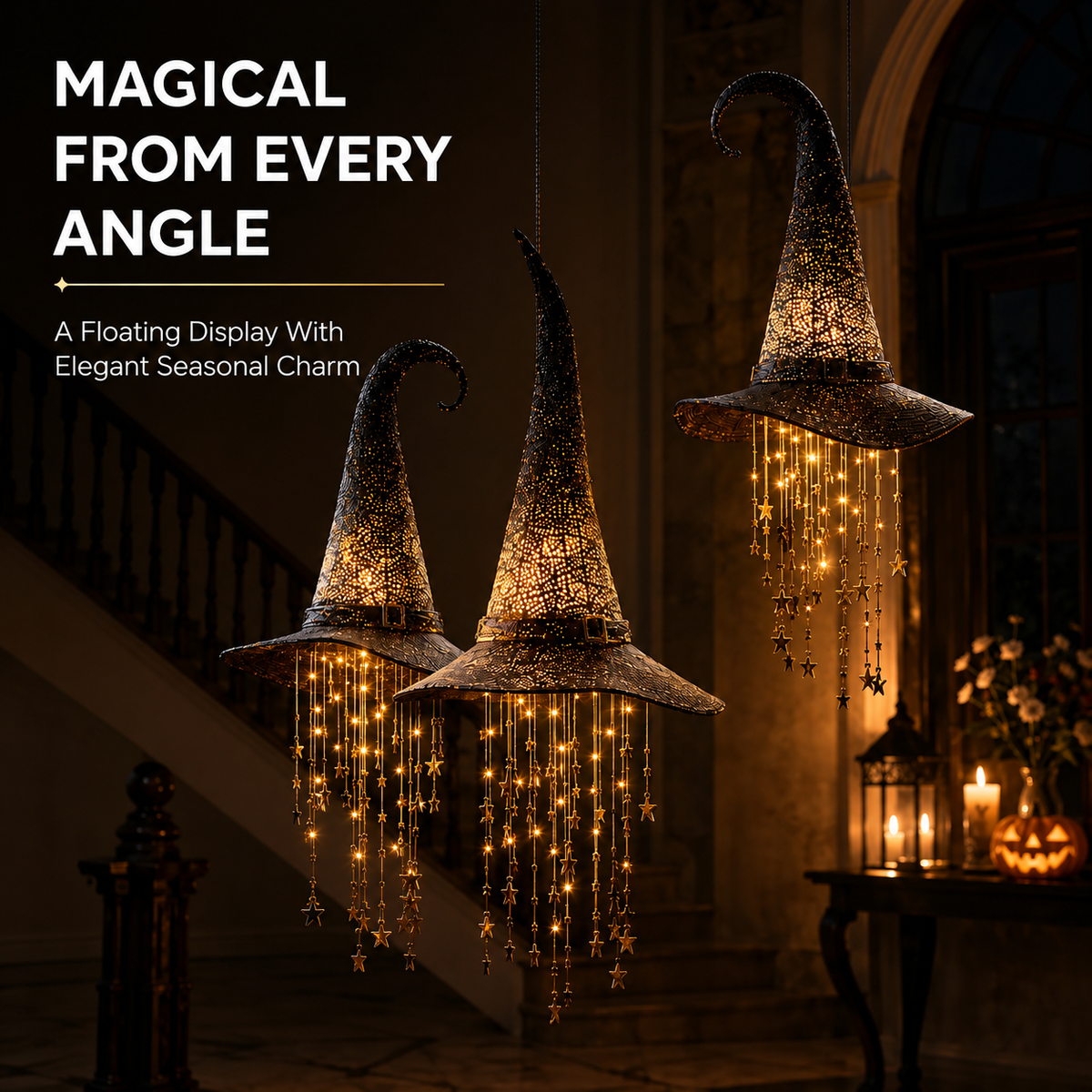 Lighted Witch Hat Hanging Chime – Warm LED Halloween Décor