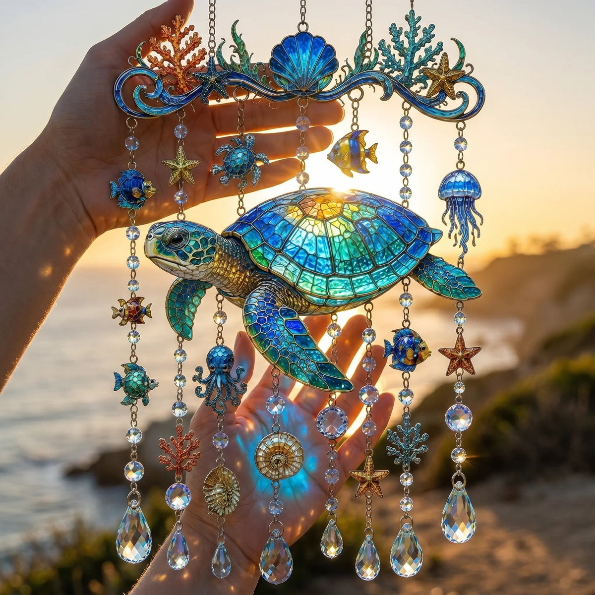 🐬🐢Ocean-Themed Crystal Wind Chime – 🌊Bring the Ocean Glow to Your Garden