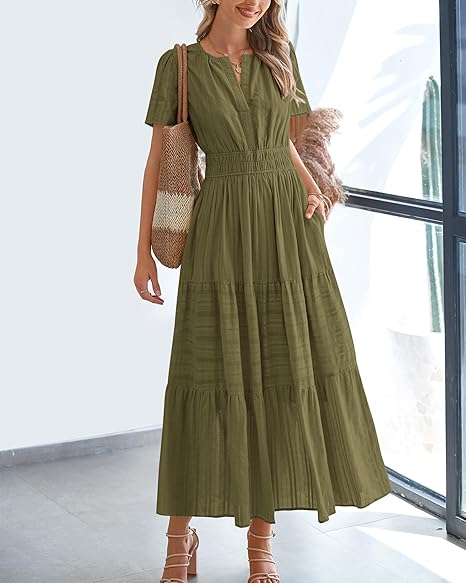 ⏰Hot Sale 50% OFF🎉Women's Lightweight Short Sleeve V Neck Elastic Waist Dress