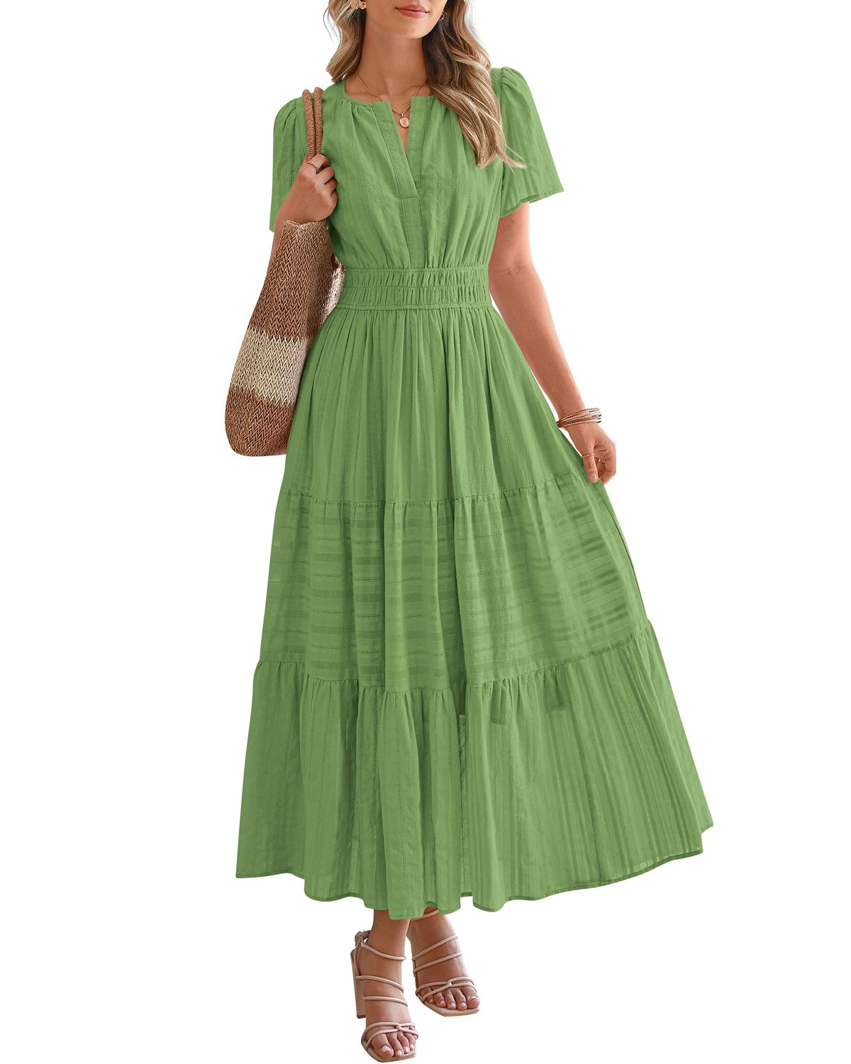 ⏰Hot Sale 50% OFF🎉Women's Lightweight Short Sleeve V Neck Elastic Waist Dress