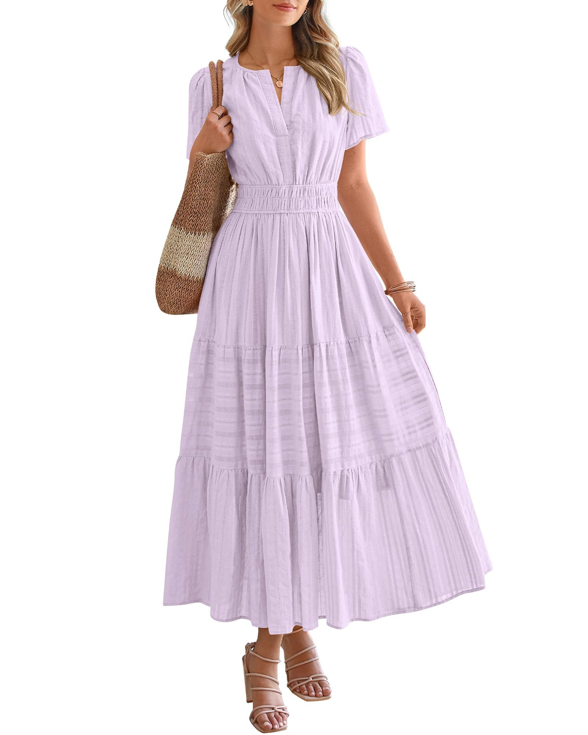 ⏰Hot Sale 50% OFF🎉Women's Lightweight Short Sleeve V Neck Elastic Waist Dress