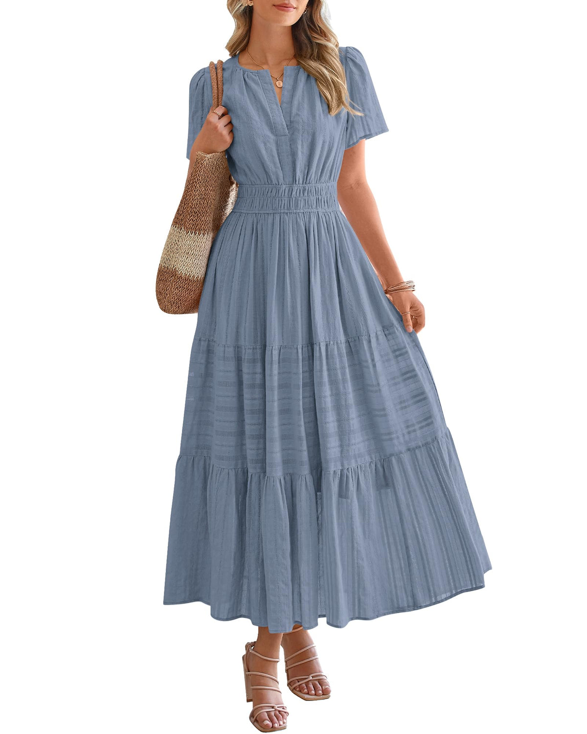 ⏰Hot Sale 50% OFF🎉Women's Lightweight Short Sleeve V Neck Elastic Waist Dress