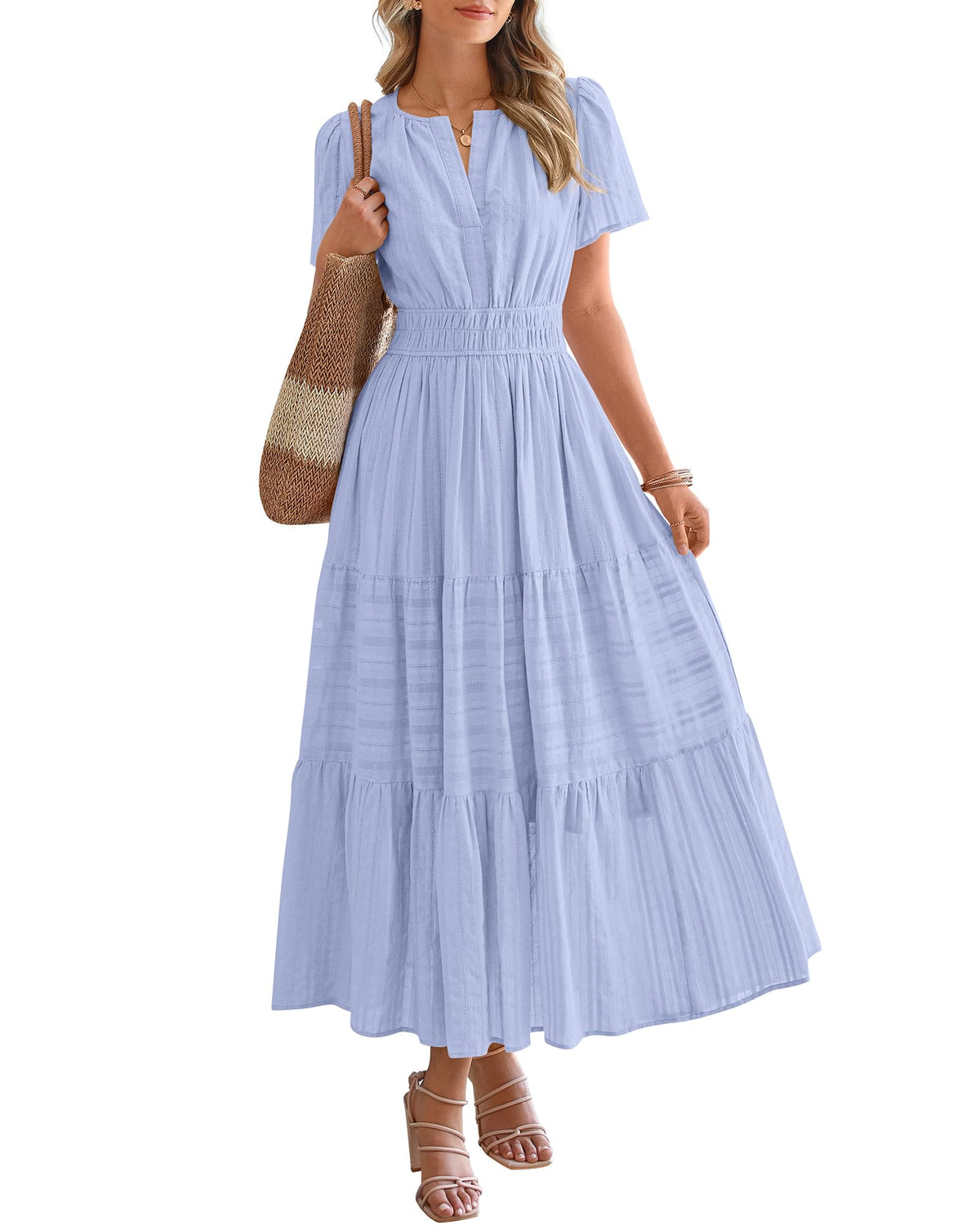 ⏰Hot Sale 50% OFF🎉Women's Lightweight Short Sleeve V Neck Elastic Waist Dress