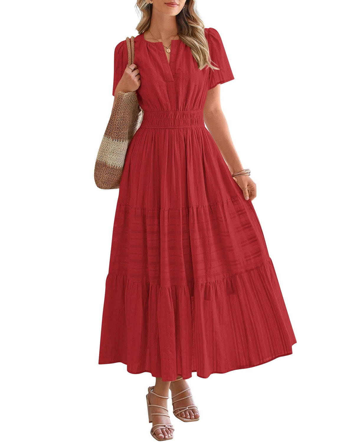 ⏰Hot Sale 50% OFF🎉Women's Lightweight Short Sleeve V Neck Elastic Waist Dress