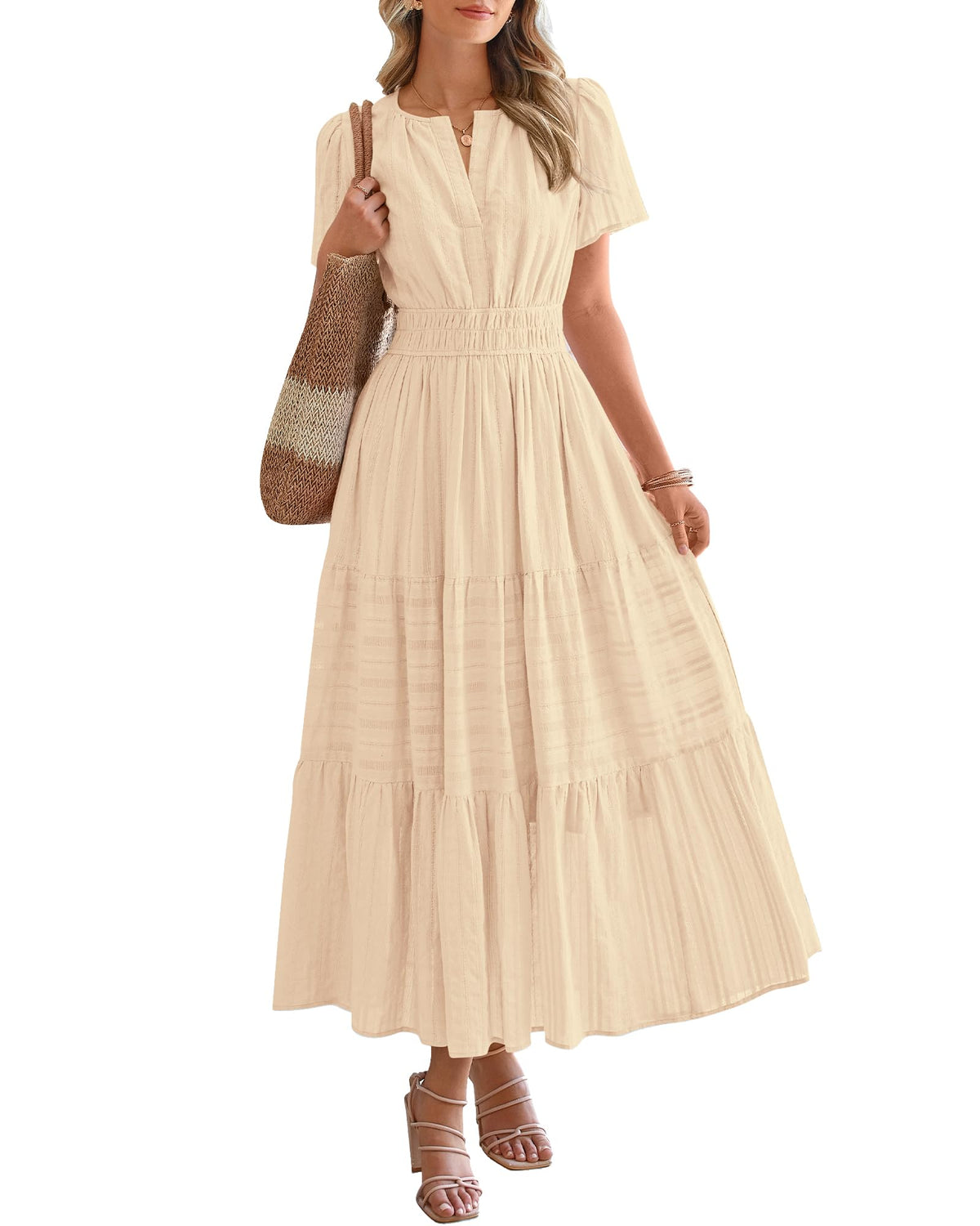 ⏰Hot Sale 50% OFF🎉Women's Lightweight Short Sleeve V Neck Elastic Waist Dress