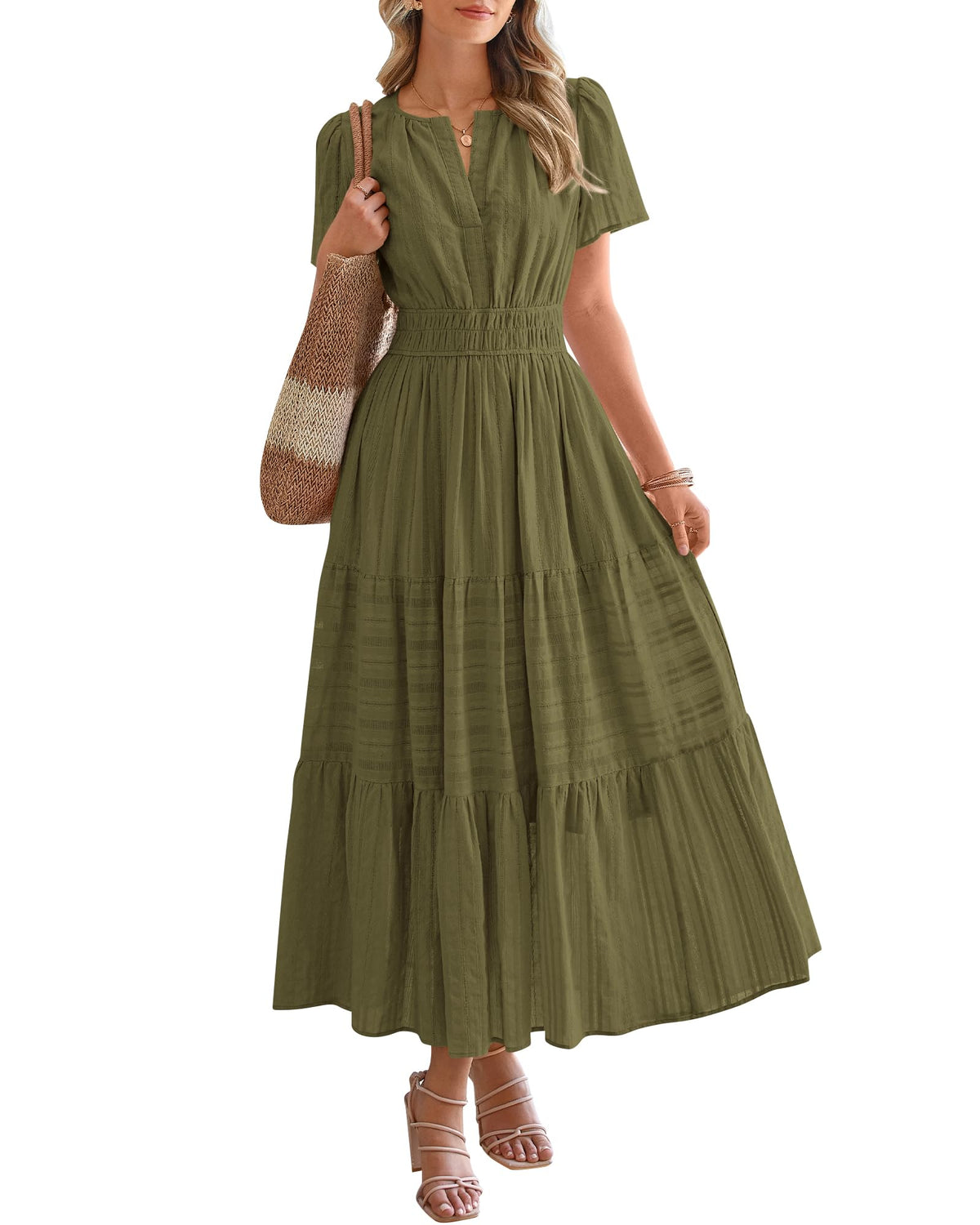 ⏰Hot Sale 50% OFF🎉Women's Lightweight Short Sleeve V Neck Elastic Waist Dress