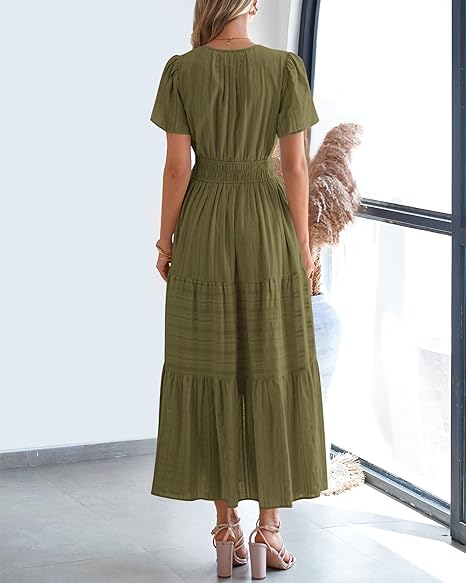 ⏰Hot Sale 50% OFF🎉Women's Lightweight Short Sleeve V Neck Elastic Waist Dress