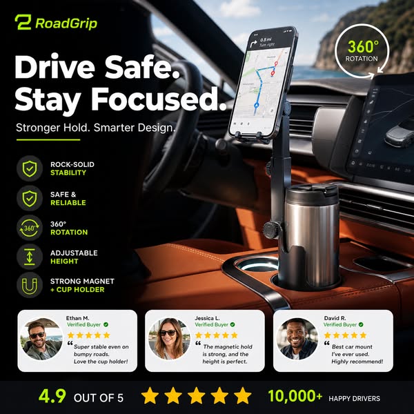 ⭐HOT SALE🧲Car Cup Holder Phone Mount – 360° Adjustable, Strong N52 Magnet, One-Hand Operation