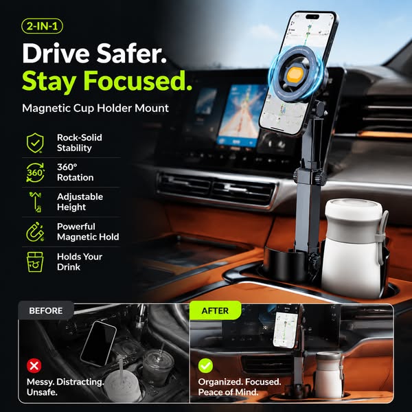 ⭐HOT SALE🧲Car Cup Holder Phone Mount – 360° Adjustable, Strong N52 Magnet, One-Hand Operation
