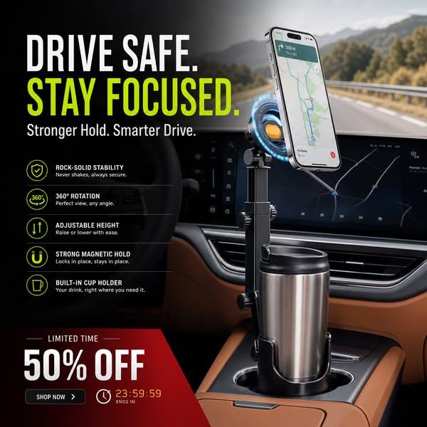 ⭐HOT SALE🧲Car Cup Holder Phone Mount – 360° Adjustable, Strong N52 Magnet, One-Hand Operation