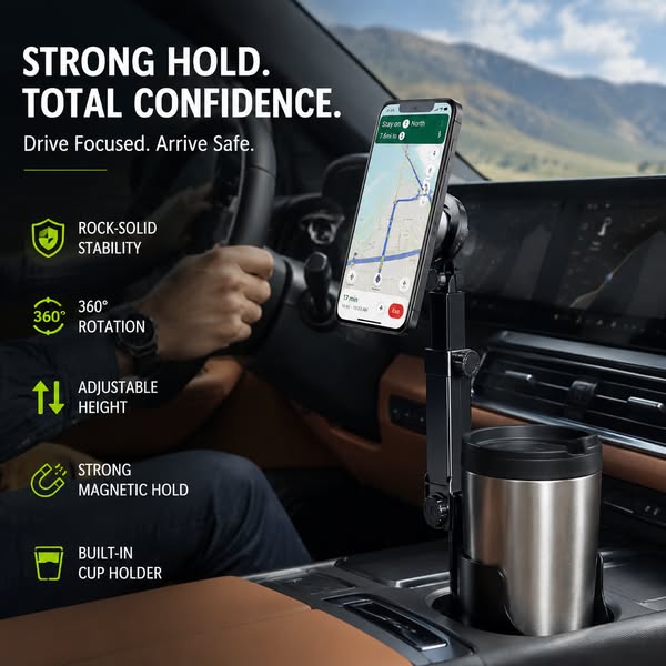 ⭐HOT SALE🧲Car Cup Holder Phone Mount – 360° Adjustable, Strong N52 Magnet, One-Hand Operation