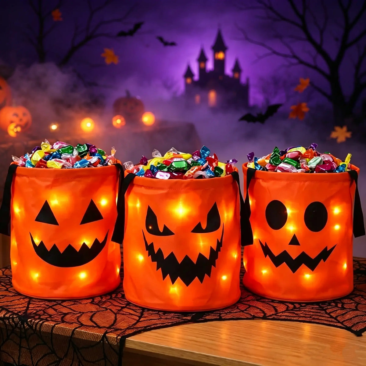 LED Light-Up Pumpkin Candy Bags – Trick-or-Treat Bucket Set