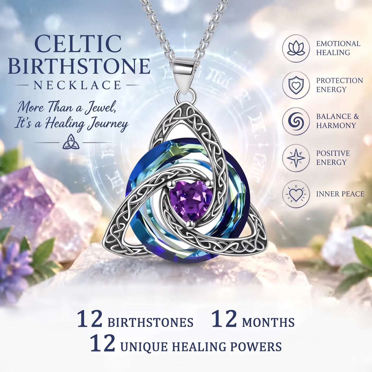 Celtic Trinity Knot Birthstone Necklace for Women