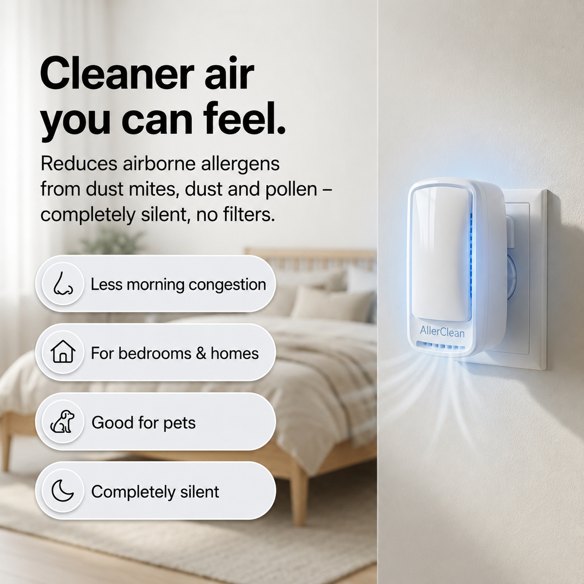 AllerClean™ – Plug-In Negative Ion Air Purifier | Breathe Easier, Sleep Better