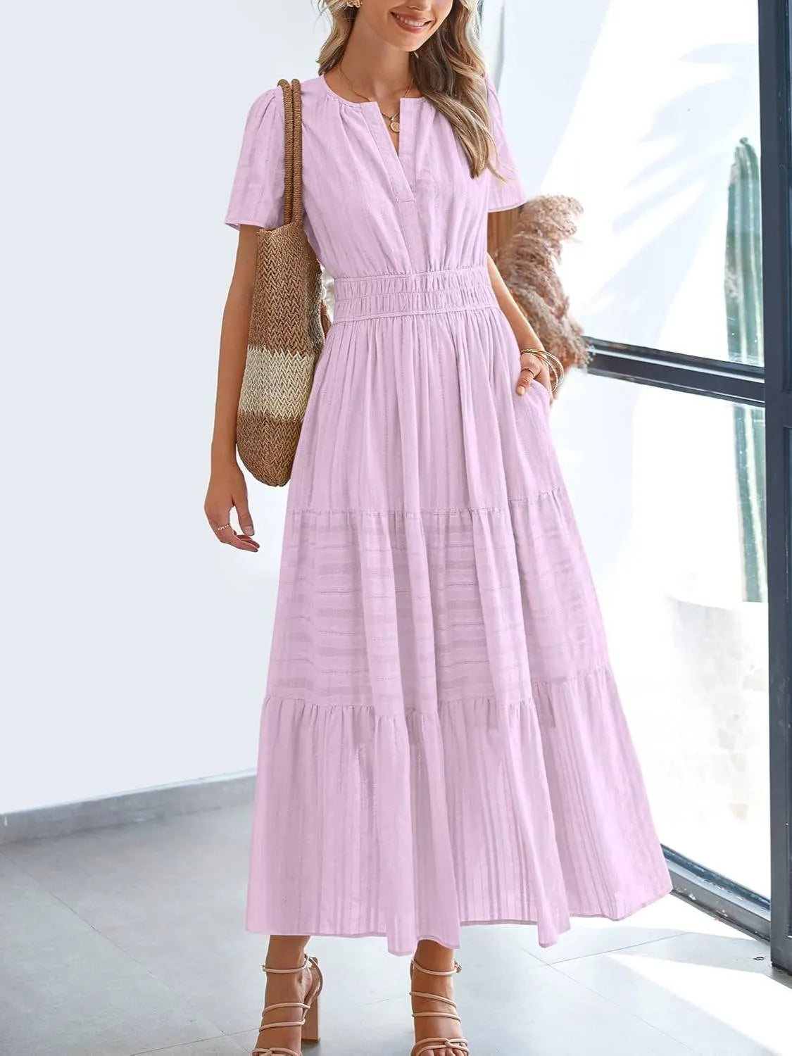 ⏰Hot Sale 50% OFF🎉Women's Lightweight Short Sleeve V Neck Elastic Waist Dress