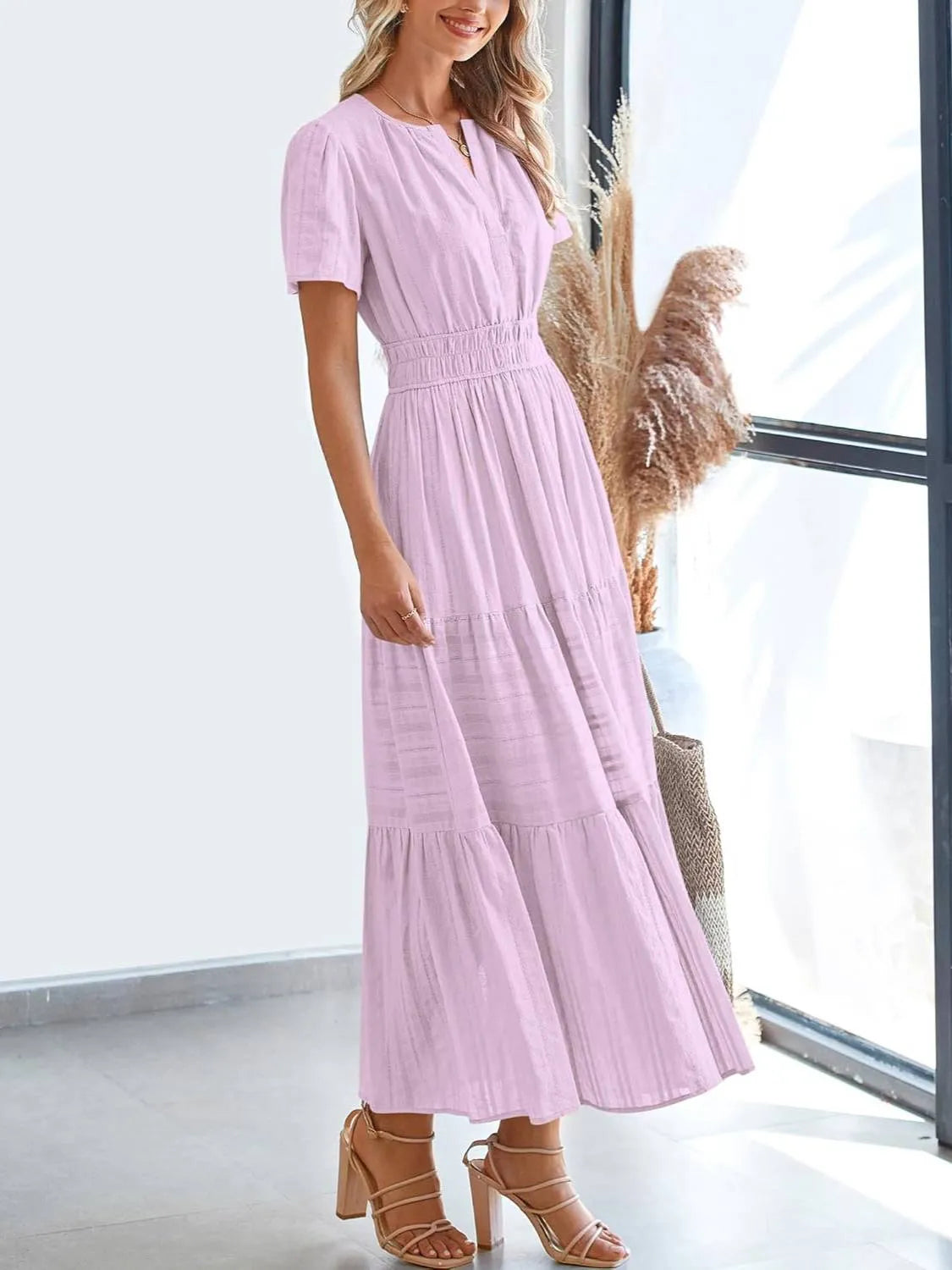 ⏰Hot Sale 50% OFF🎉Women's Lightweight Short Sleeve V Neck Elastic Waist Dress