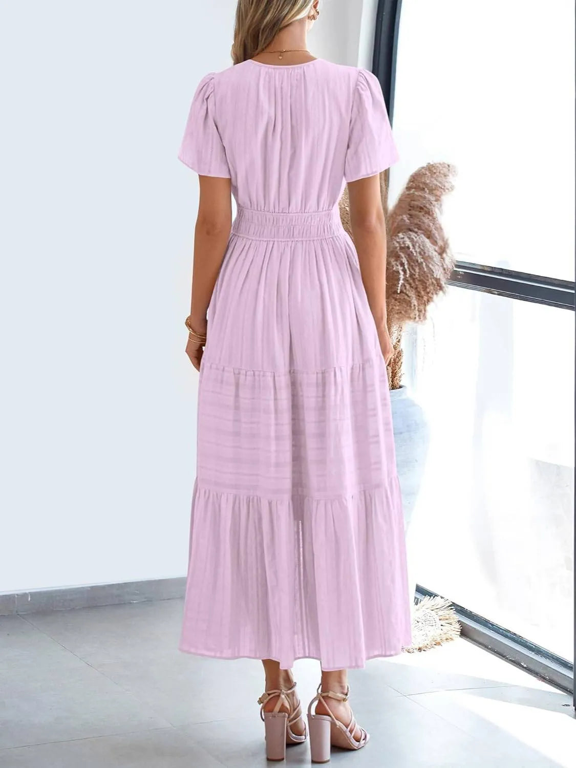 ⏰Hot Sale 50% OFF🎉Women's Lightweight Short Sleeve V Neck Elastic Waist Dress