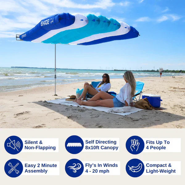 ShadeSock Wind-Inflated Beach Shade Canopy | Silent, Self-Adjusting, UPF 50+ Sun Shelter for 4 People | 8x10 ft | Anti-Flap Design