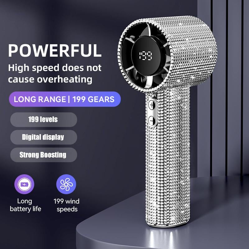 Diamond Luxury Handheld Turbo Fan – 3-Speed Rechargeable Mini Fan with Digital Display & Long Battery Life