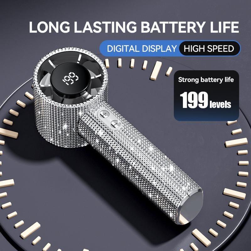 Diamond Luxury Handheld Turbo Fan – 3-Speed Rechargeable Mini Fan with Digital Display & Long Battery Life