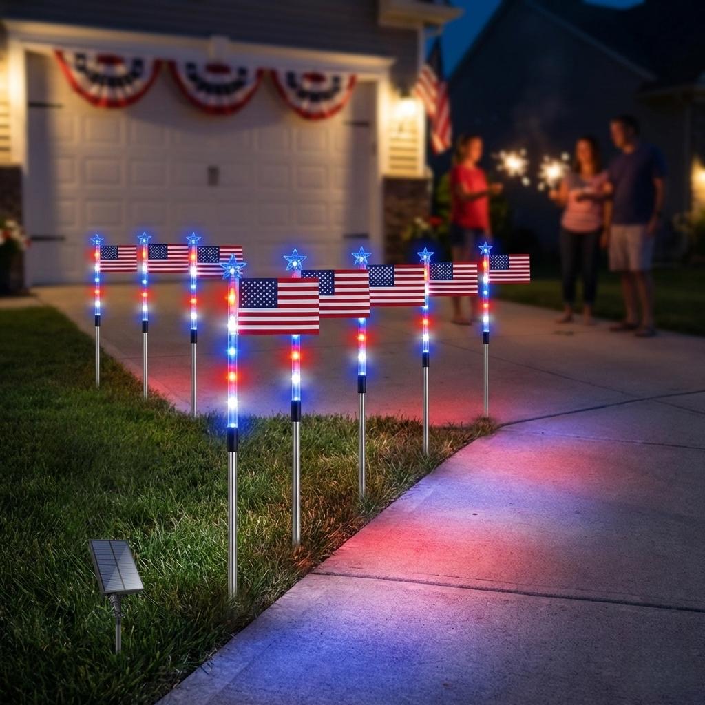 🚩8-Piece Flag Light Set – 4th of July Decorations with 8 Lighting Modes – 🎆Ideal for Independence Day Pathways, Gardens, and Yard Decor