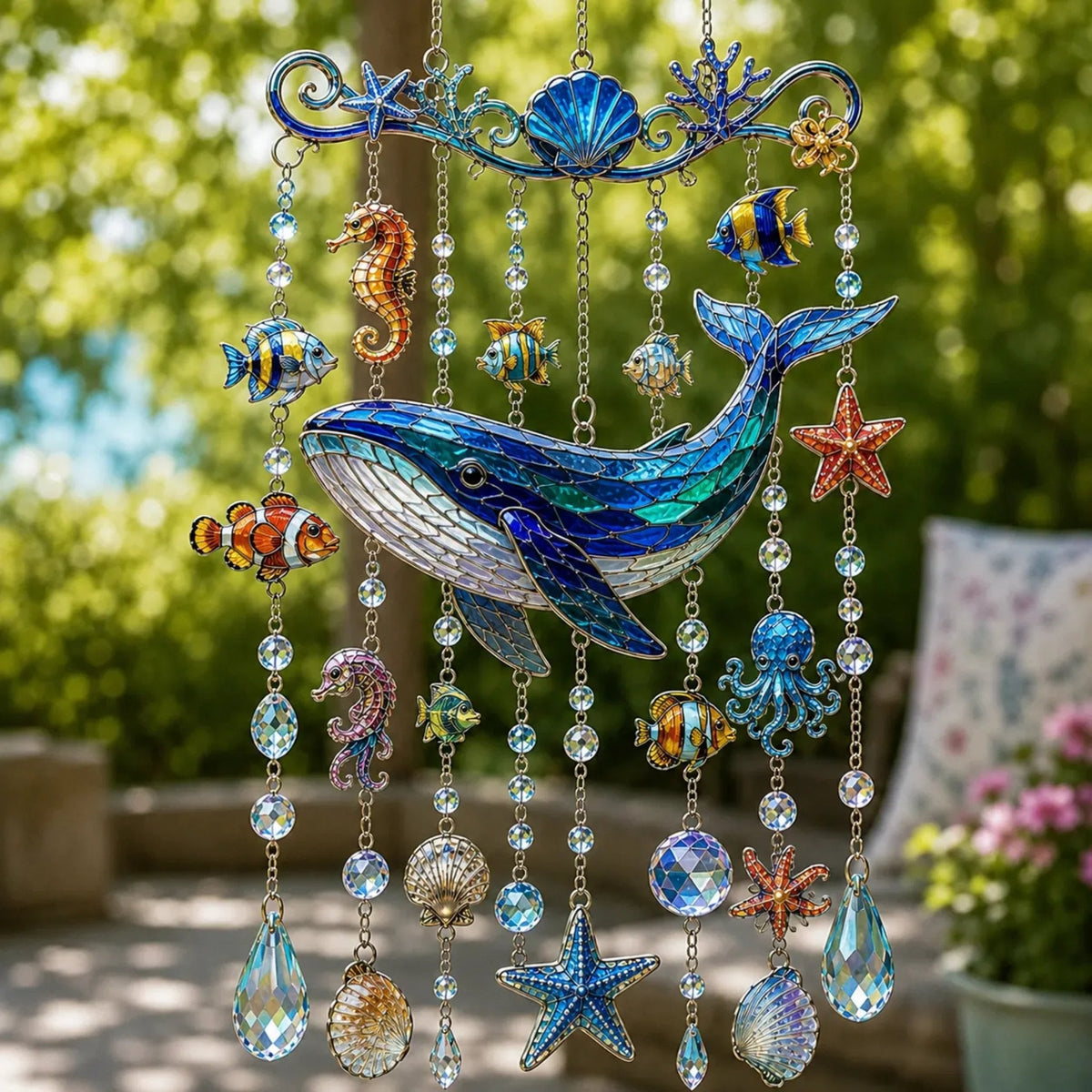 🐬🐢Ocean-Themed Crystal Wind Chime – 🌊Bring the Ocean Glow to Your Garden