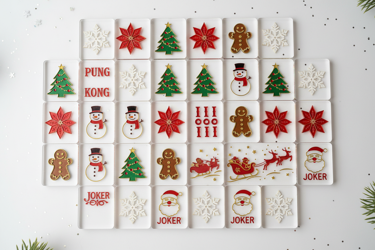 Flat lay of Christmas Mahjong tiles showing snowflakes, Christmas trees, snowmen and poinsettia artwork on premium engraved acrylic
