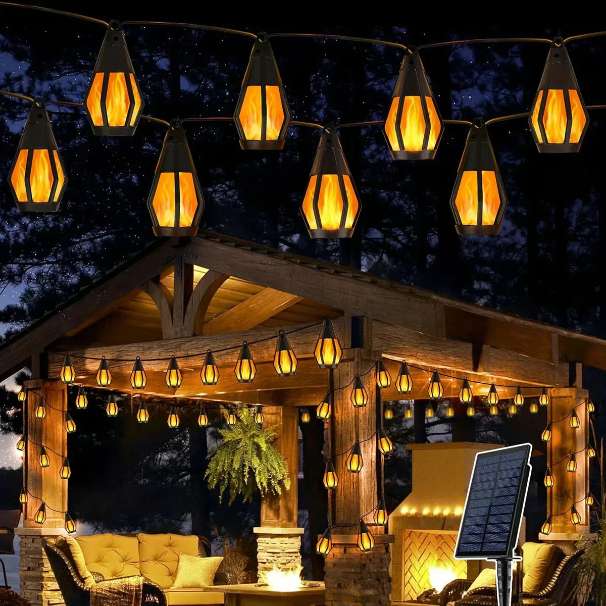 New IP65 Solar LED String Lights, flame-style, waterproof, for outdoor use, with sensor, for gardens, courtyards and camping, 360° beam angle