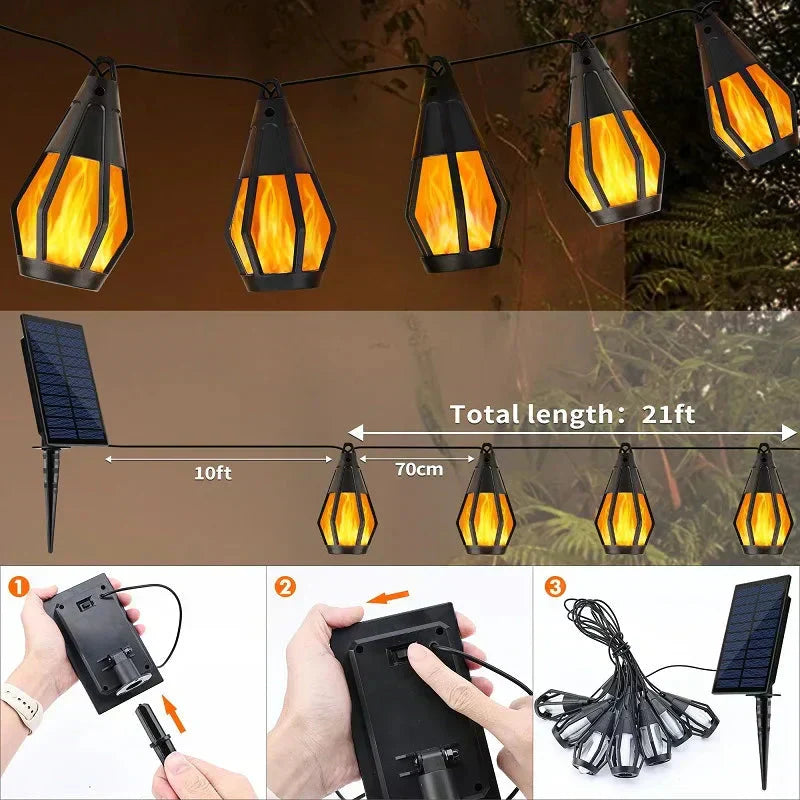 New IP65 Solar LED String Lights, flame-style, waterproof, for outdoor use, with sensor, for gardens, courtyards and camping, 360° beam angle