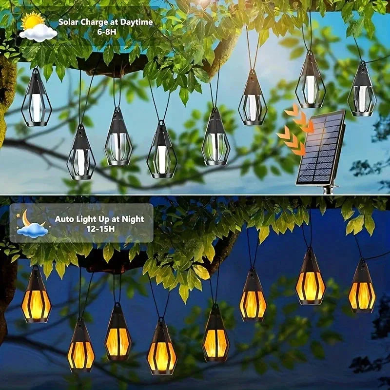New IP65 Solar LED String Lights, flame-style, waterproof, for outdoor use, with sensor, for gardens, courtyards and camping, 360° beam angle