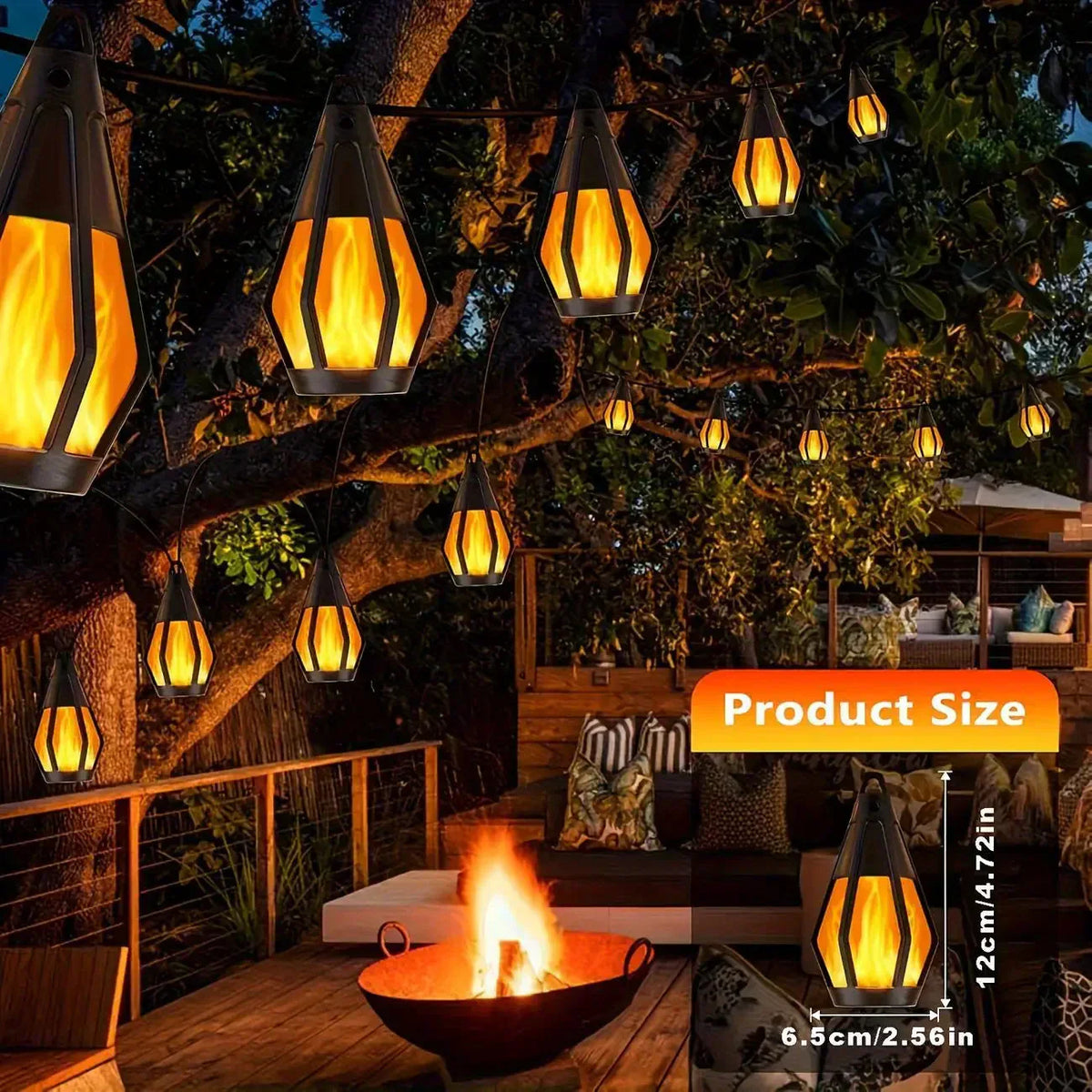 New IP65 Solar LED String Lights, flame-style, waterproof, for outdoor use, with sensor, for gardens, courtyards and camping, 360° beam angle