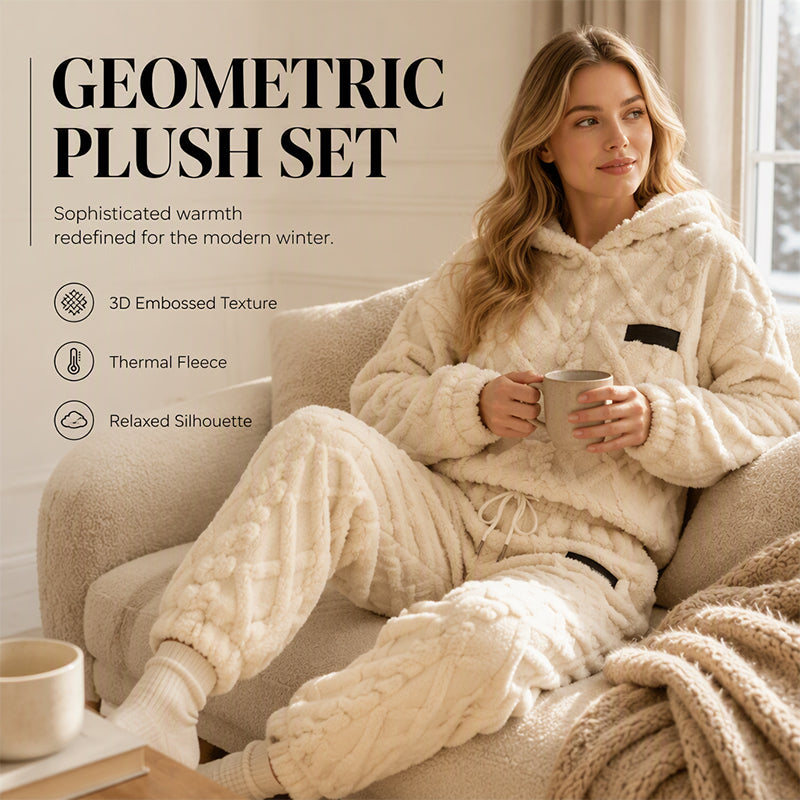 Woman wearing the plush textured hoodie and pants set