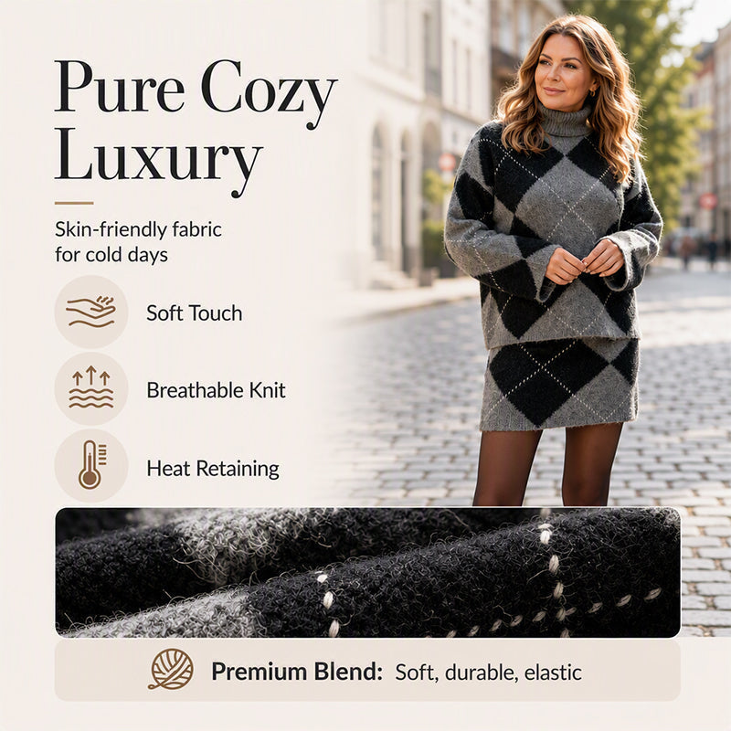 Women's Argyle Knit Sweater & Skirt Set – Elegant, Cosy & Effortlessly Chic