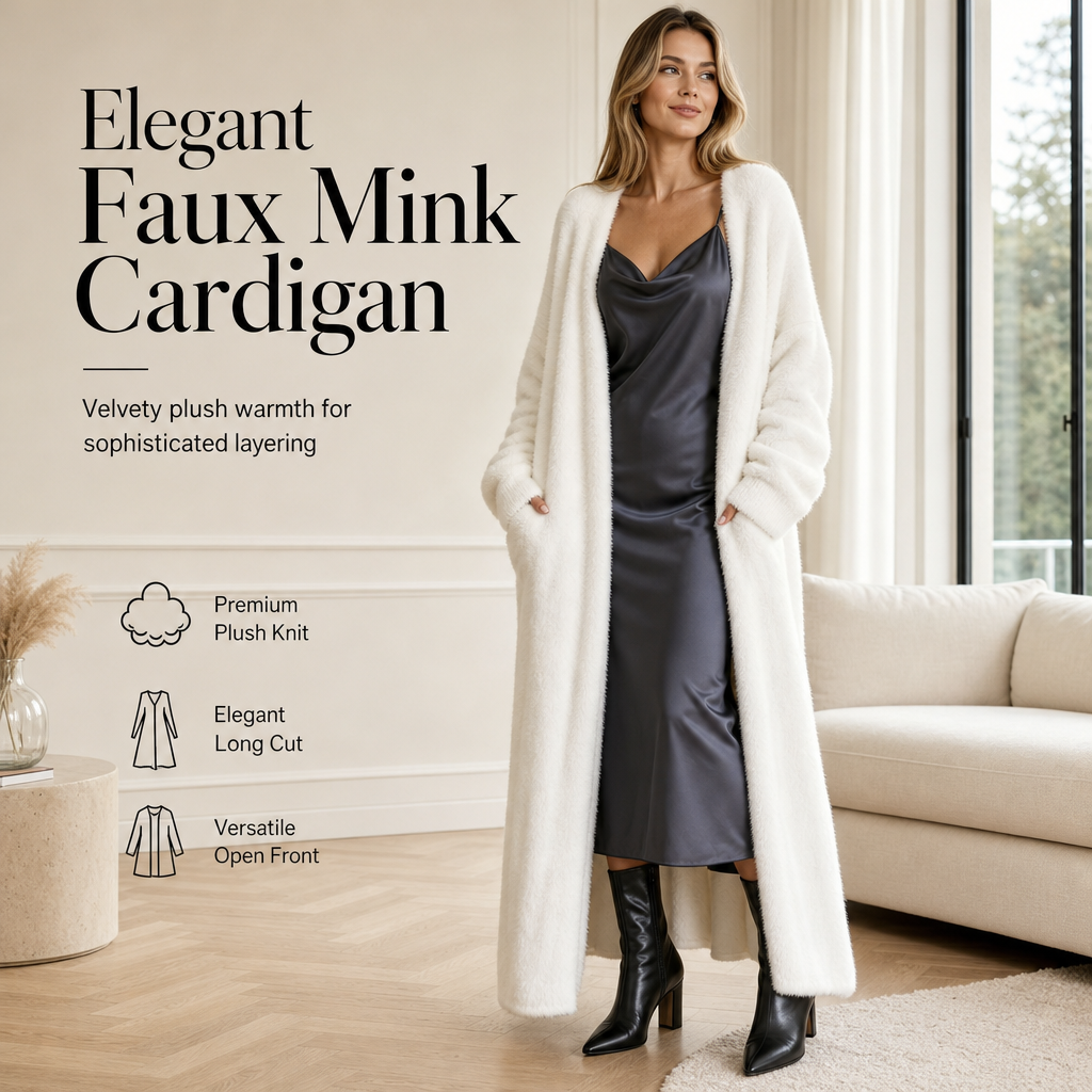 Women's Faux Mink Long Cardigan – Oversized Knit Sweater