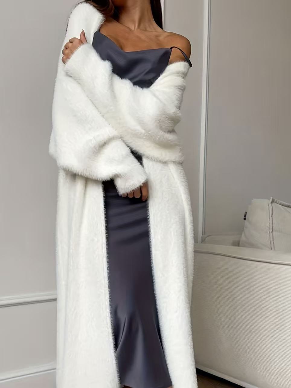 Women's Faux Mink Long Cardigan – Oversized Knit Sweater