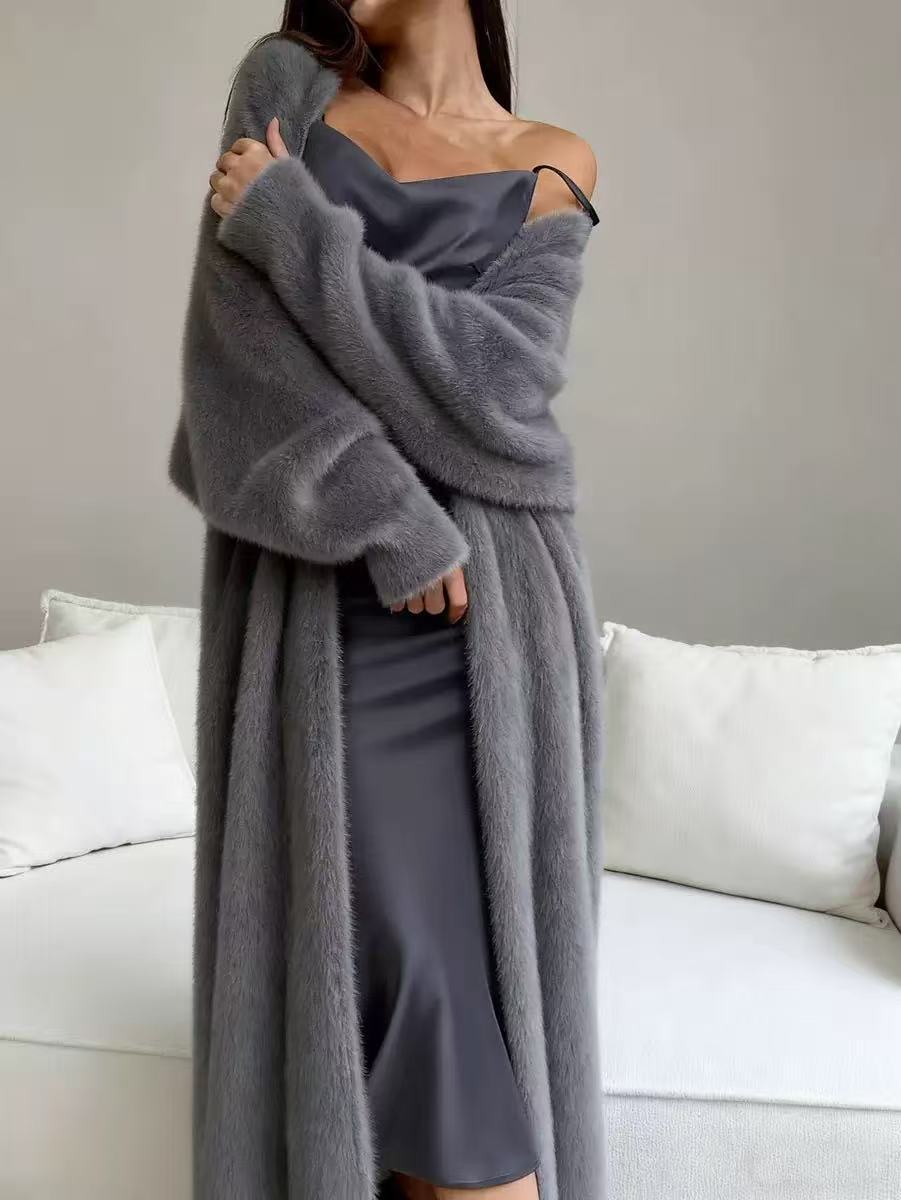 Women's Faux Mink Long Cardigan – Oversized Knit Sweater